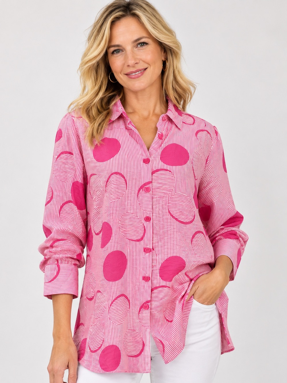Multiples sz M pink and white patterned button down top NWT